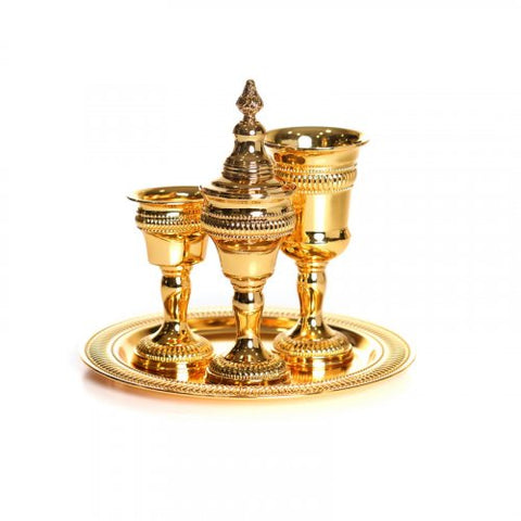 Gold Colored 4-Piece Havdalah Set in Beaded Regency Design - Silver Plate