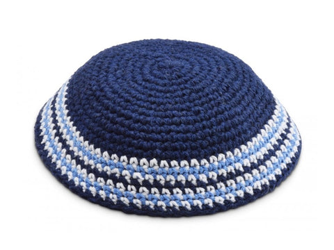 Dark Blue Knitted Kippah with Light Blue and White Border Stripes