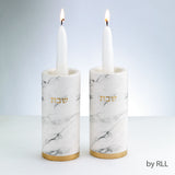 Ceramic Candlestick Set, Marble Design, Gold Accents