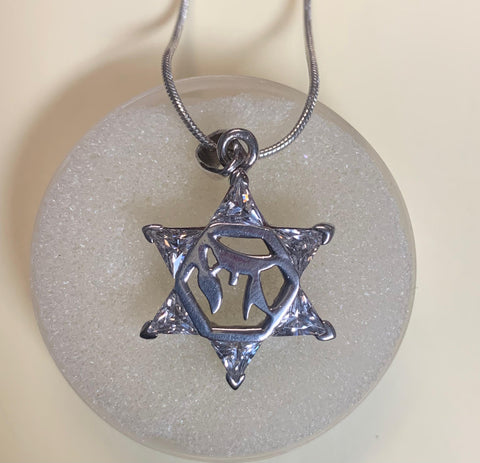Star of David Necklace with Clear Crystals & Chai Center