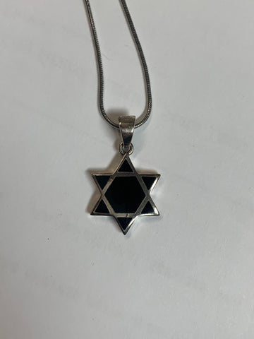 925 Sterling Silver Star of David with Black Onyx Inlay Pendant and Necklace